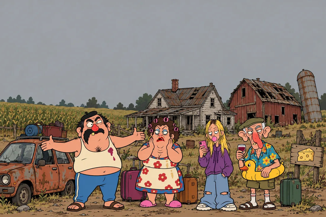 The family arriving with their suitcases at the crumbling farm: sagging house, half a barn roof, a leaning rusty silo