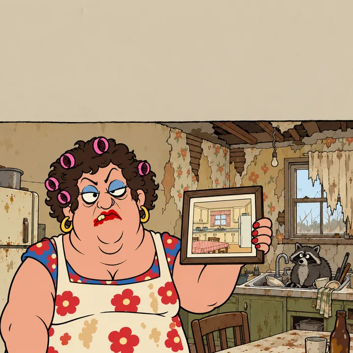 Monique holds an old photo of the farm, brand new, in front of the real kitchen: collapsed ceiling, a raccoon in the sink.