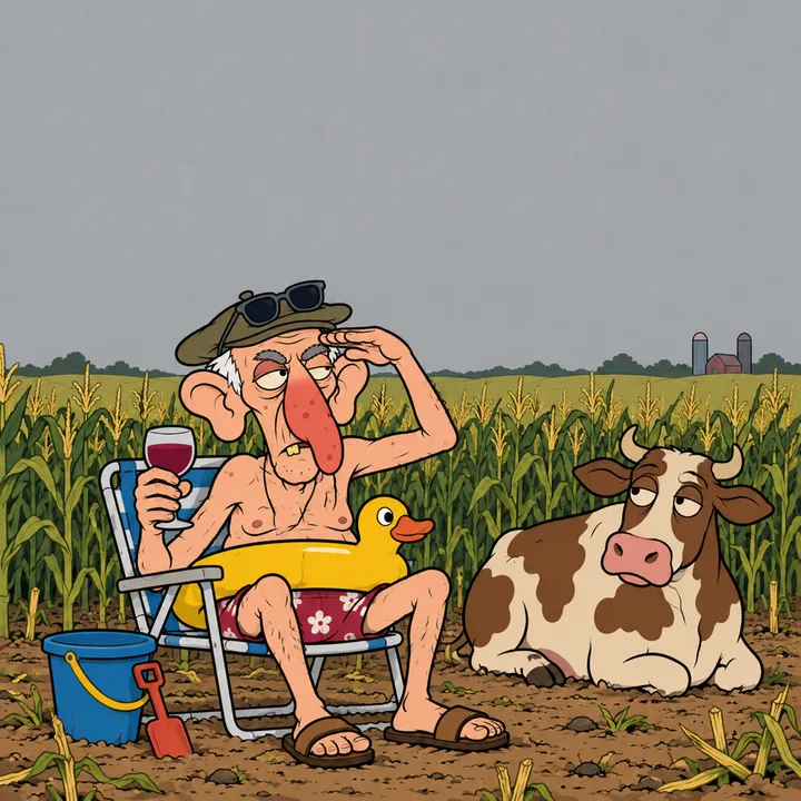 Papy René sits in a deckchair in the middle of a cornfield, swim ring around his waist, bucket and spade, looking for the sea. A cow looks at him.