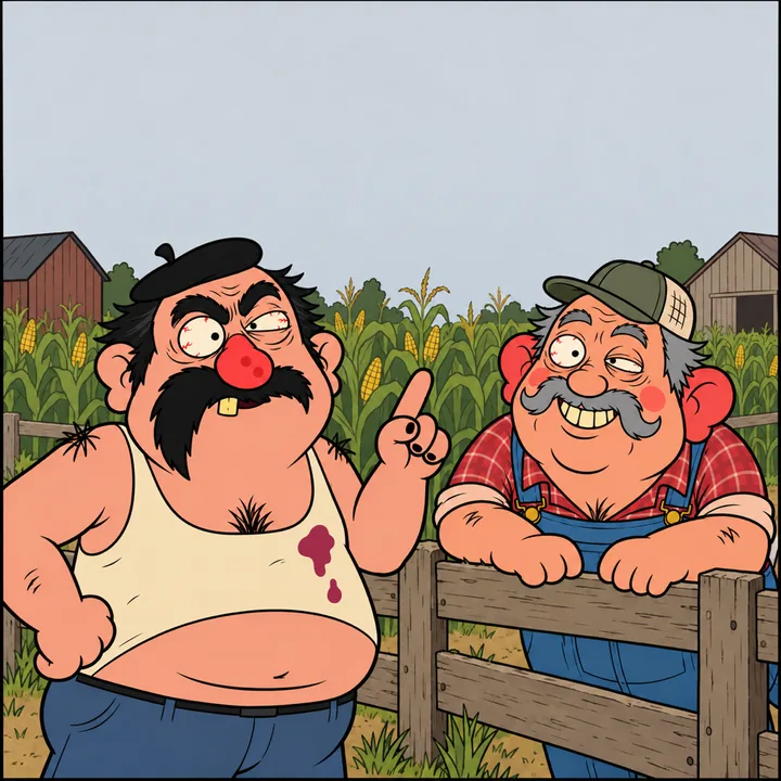 At the fence, Gérard lectures, finger raised; on the other side, Bob Kluck, the neighbor in overalls, listens with a huge kind smile.