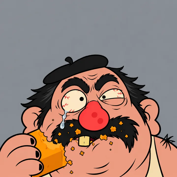 Close-up on Gérard chewing the cheddar, eyes wide, a tear rolling down into his moustache, then pulling himself together.