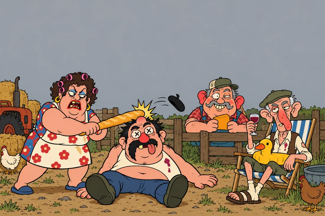 In the farmyard, Monique brings a baguette down on Gérard’s head, his beret flies; behind the fence Bob, puzzled, still holds his cheddar; Papy René, in his deckchair, looks straight at us, glass of red raised.