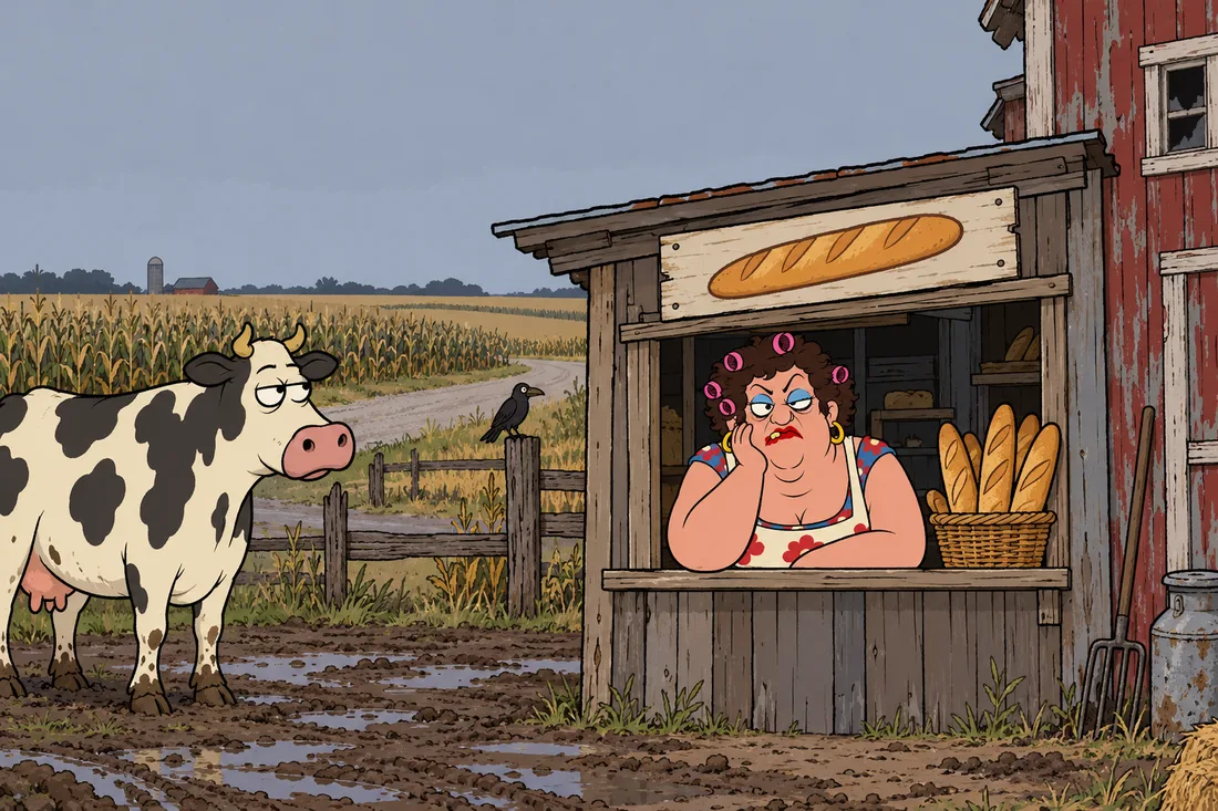 Monique waiting behind the counter of her plank bakery, a basket of baguettes, a cow and empty cornfields in front