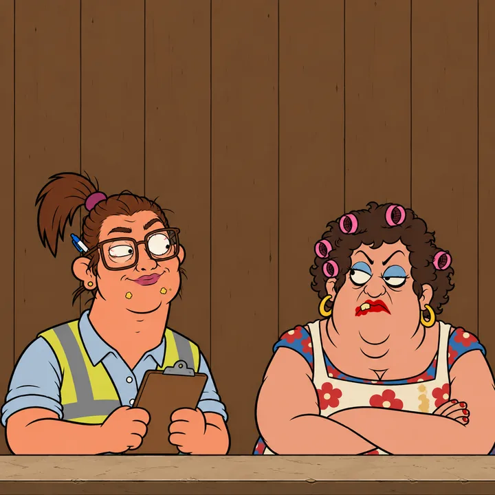 Patty Olson, county health inspector, hi-vis vest and clipboard, smiles politely at the counter; Monique eyes her, arms crossed.