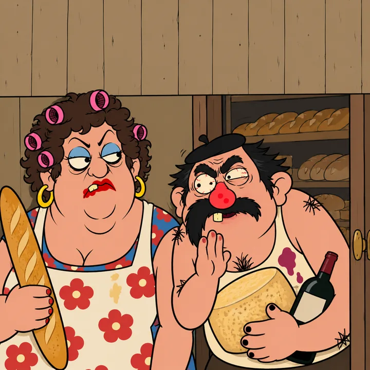 Behind the door, Gérard hides a big wheel of cheese and a bottle of red against his belly, whispering to Monique, who doesn’t blink.