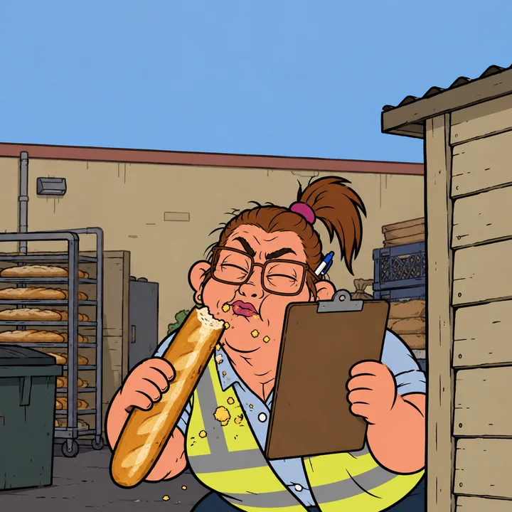 Hidden behind the lean-to, Patty bites into a whole baguette, eyes closed in bliss, crumbs all over her chin, her clipboard raised to hide her face.