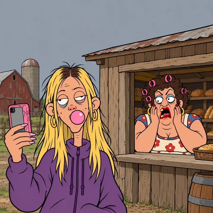 Chloé films the bakery with her cracked pink phone, blowing a gum bubble; behind her, at the counter, Monique holds her cheeks in horror.