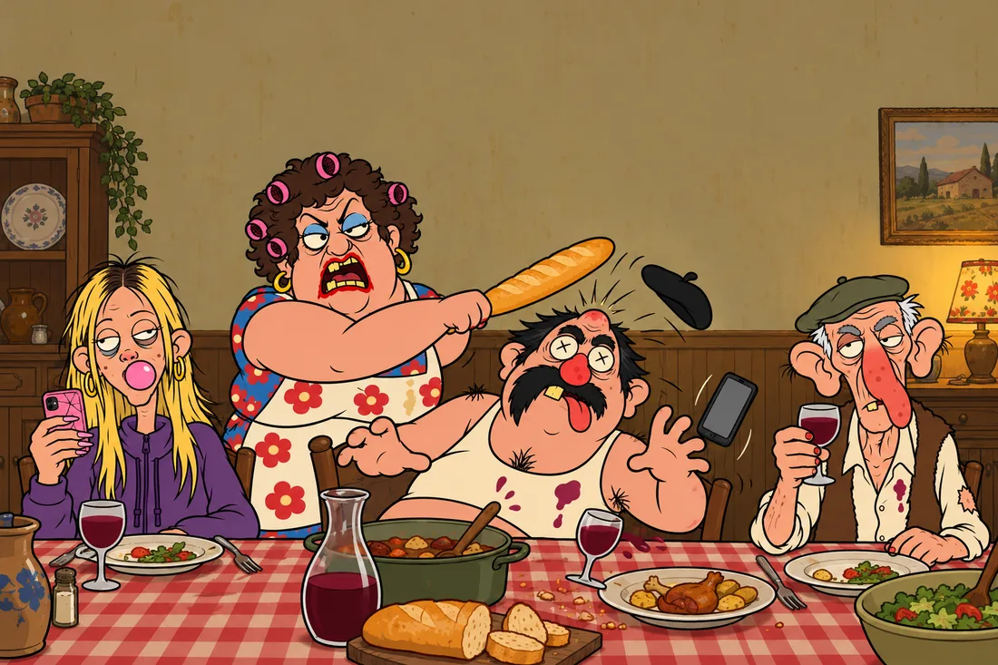 That evening at the table, Monique brings a baguette down on Gérard, who was holding out his phone; his beret flies. Chloé stays on her phone. Papy René looks straight at us, glass of red raised.