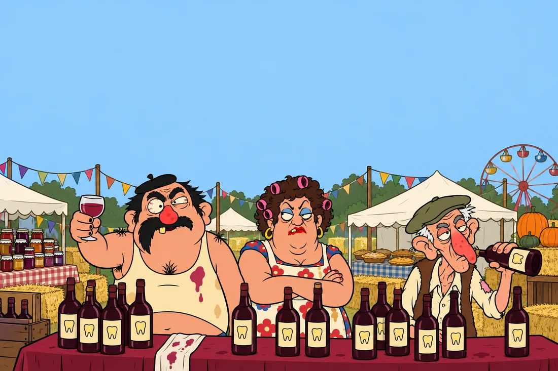 Gérard at the county fair, raising a glass behind a table of dusty bottles with a tooth on the label