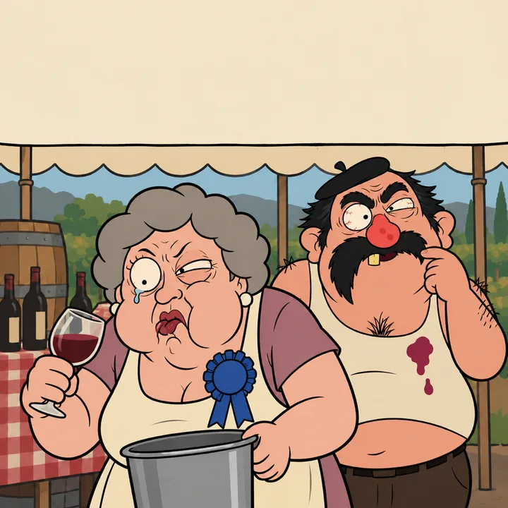 A fair judge tastes the wine: horrible grimace, cheeks puffed, eyes watering, about to spit in a bucket. Behind her, Gérard smooths his moustache, confident.
