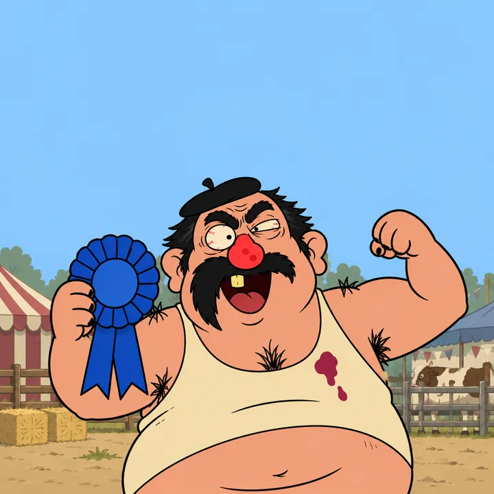 Gérard holds up a big blue first-prize rosette, chest out, eyes shining.