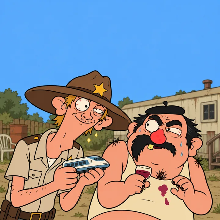Duane, the sheriff’s deputy, tall and skinny under a hat too big, leans very close to Gérard, clutching a toy high-speed train; Gérard leans back, sweating.