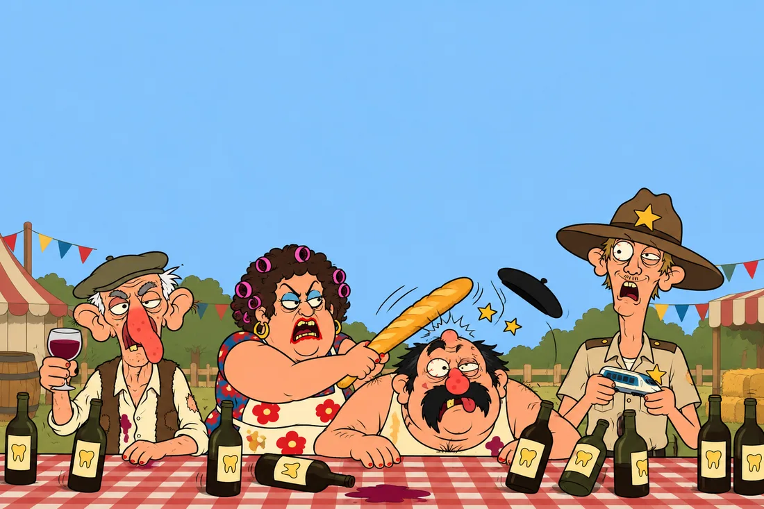 At the stand, Monique brings a baguette down on Gérard, his beret flies, his bottles wobble; Duane gapes behind, clutching his train; Papy René looks straight at us, glass of red raised.