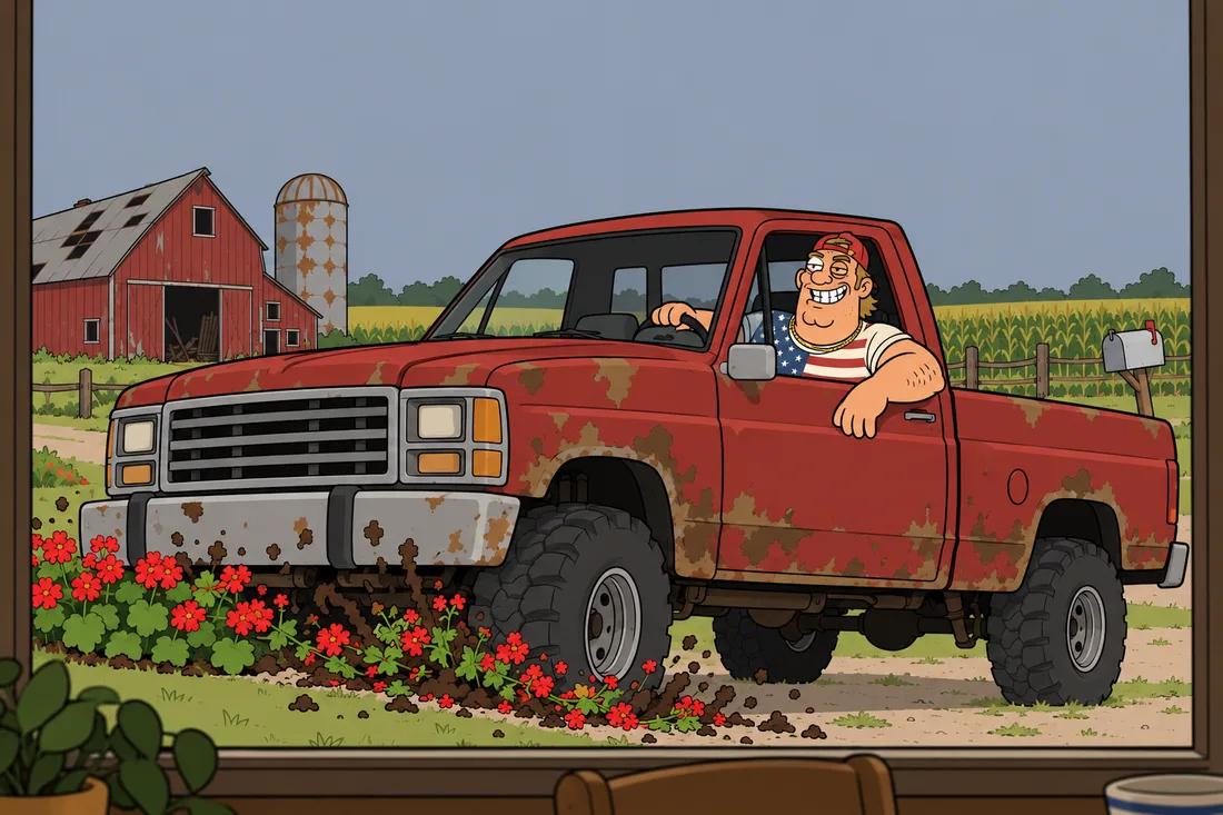 Through the window: Kévin parks a huge rusty pickup truck in Monique’s geraniums, grinning; behind him, the red barn and the cornfields.