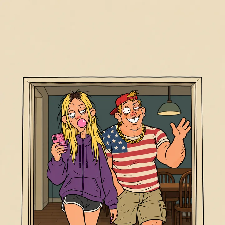Chloé walks in without looking up from her phone. Behind her, Kévin waves: tiny head, huge shoulders, red cap on backwards, American flag T-shirt.