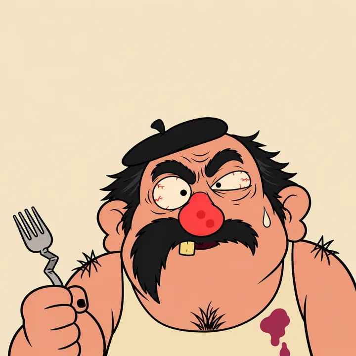 Close-up on Gérard, frozen, eyes bulging at Kévin, a twisted fork in his fist.
