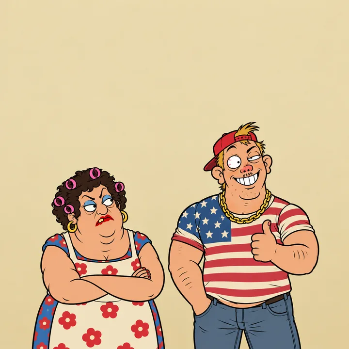 Monique, arms crossed and one eyebrow up, looks Kévin up and down; Kévin gives a proud thumbs up.