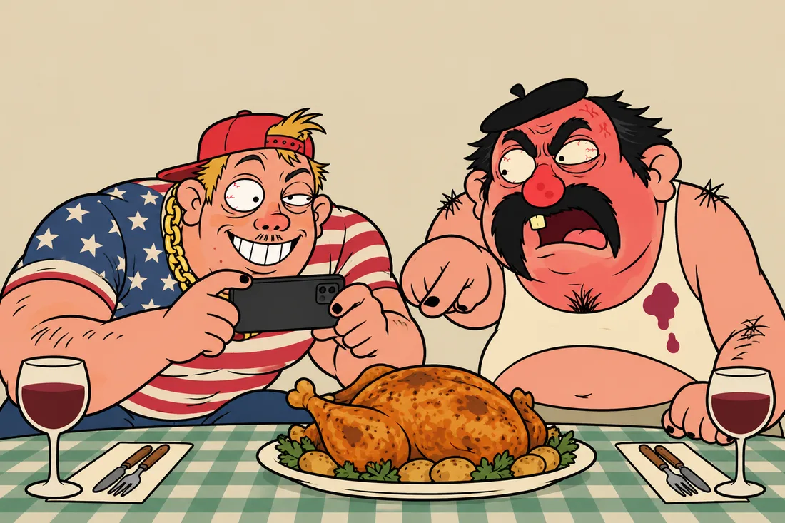 Kévin crouches to film the roast with his phone; behind him Gérard turns the color of wine and points at the plate.