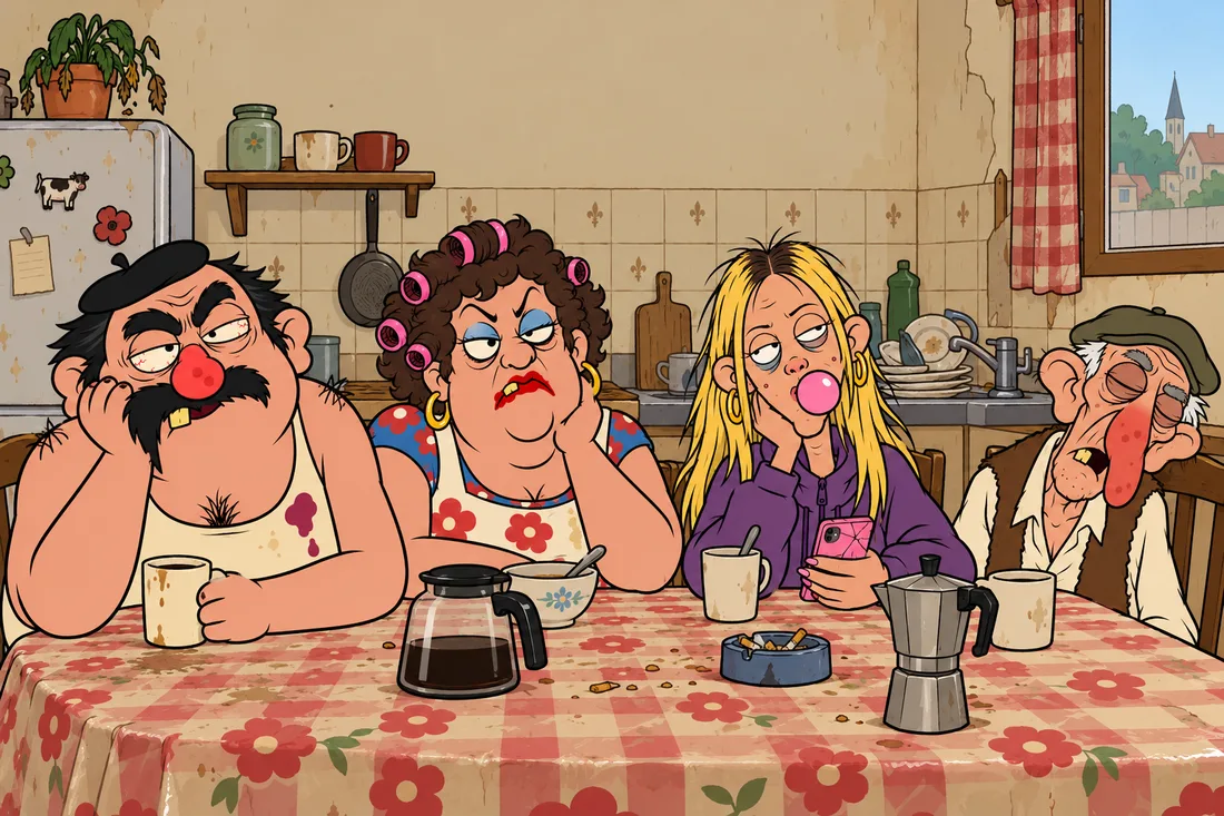 Monday morning in the kitchen: Gérard, Monique and Chloé, haggard, have not slept; Papy René snores on his chair, his one tooth showing.
