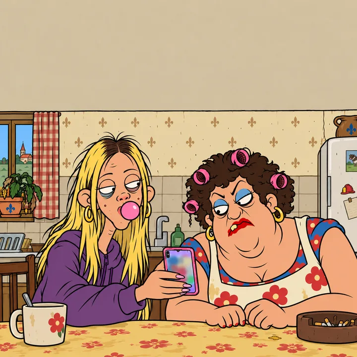 Chloé holds out her phone to Monique, who squints at it, a hair roller hanging loose.