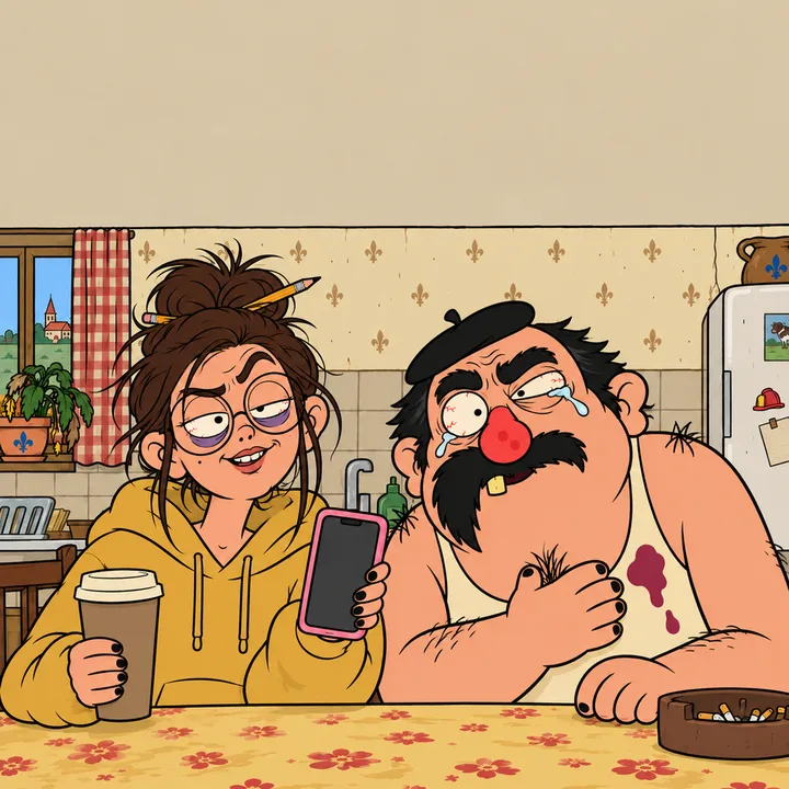 In the farm kitchen, Maddie, Chloé’s best friend from college, reads the comments off her phone, a giant coffee in hand; next to her Gérard has frozen, ear stretched, a hand on his heart.