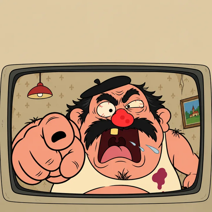 Seen from inside the TV: Gérard yells straight at us, mouth wide open, finger pointed at the viewer.