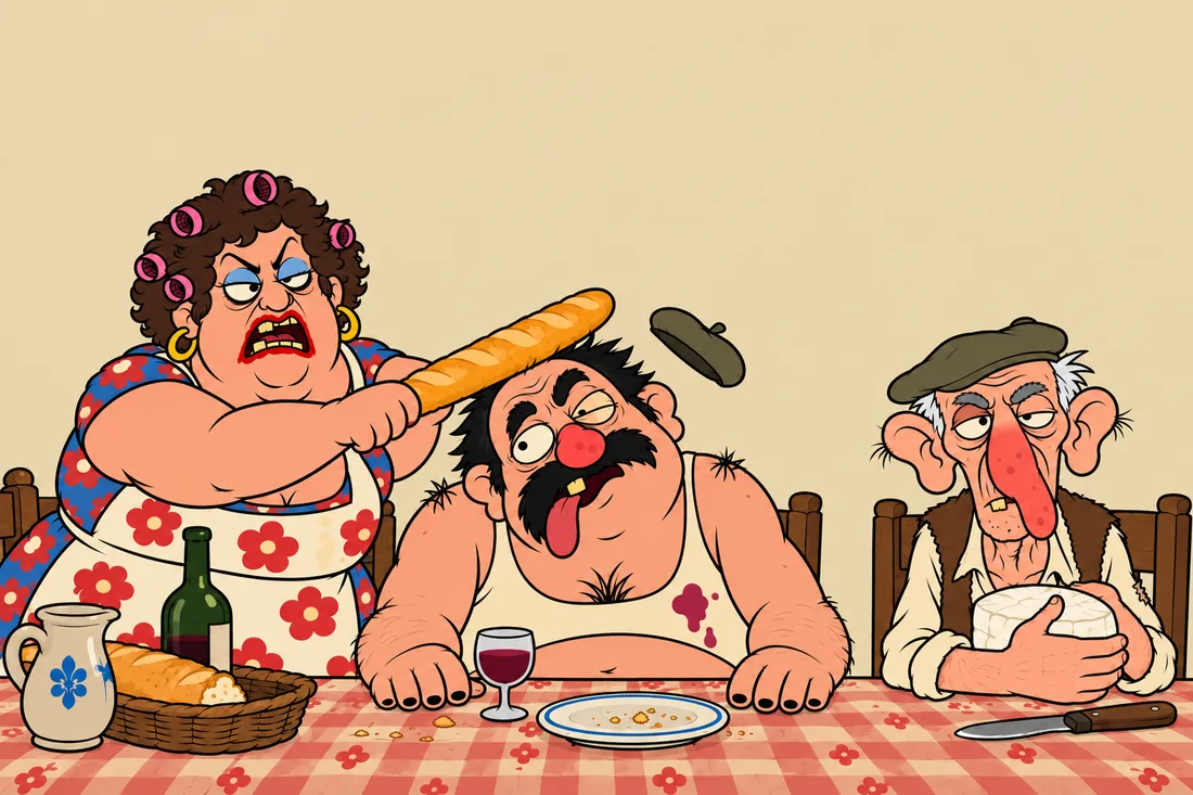 Monique brings the baguette down on Gérard’s head, his beret flies; Papy René, awake, looks straight at us, hugging a camembert to hide it.