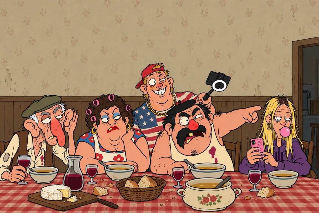 Dinner at the farm: Kévin films the family over their soup with a phone on a selfie stick, ring light on; Gérard, half standing and red with rage, points at the door.