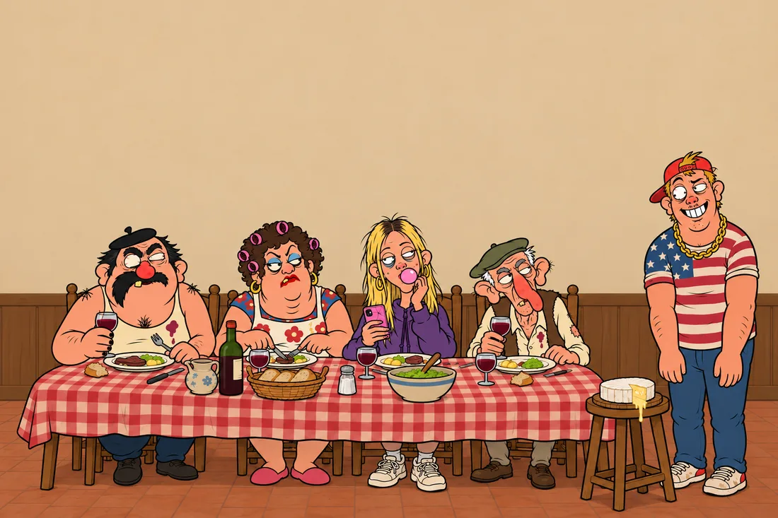 Four chairs, four family members seated; Kévin, banned, stands with his arms dangling next to a stool with a runny camembert on it.