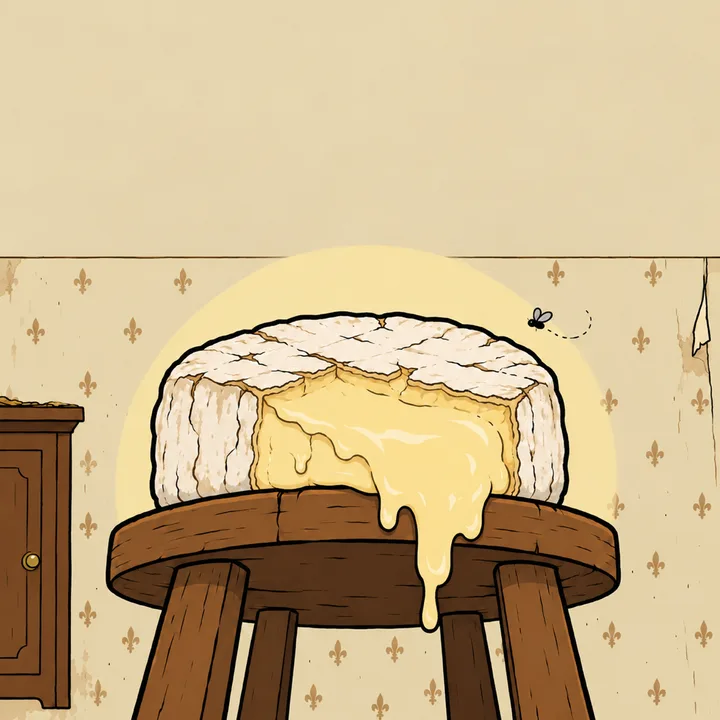 Close-up on the runny camembert on its wooden stool, lit like a star, a fly circling it.