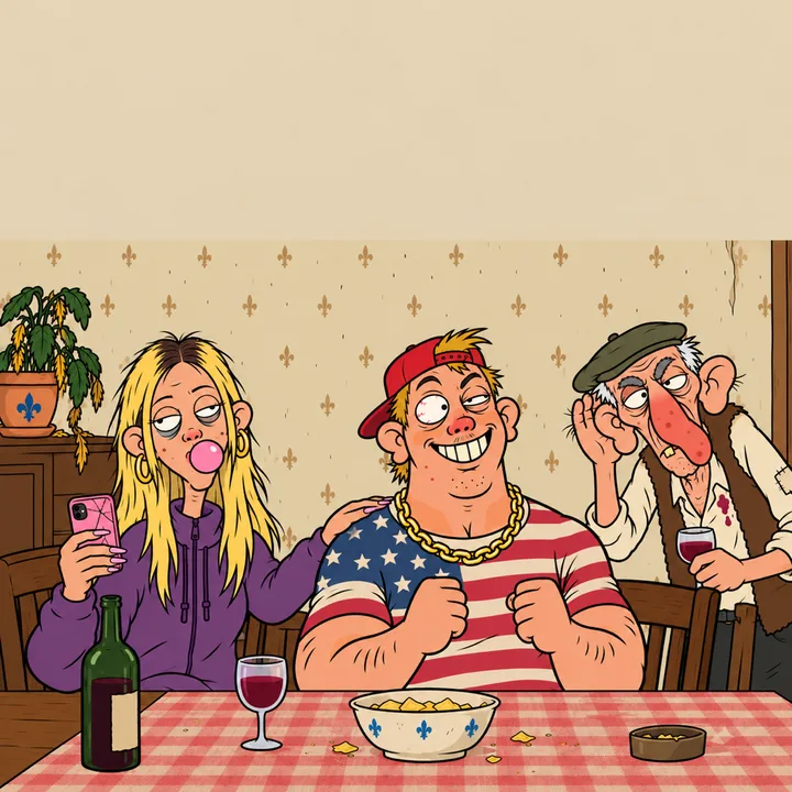Chloé, eyes on her phone, pats Kévin’s shoulder; Kévin has an idea; in the back Papy René cups his ear.