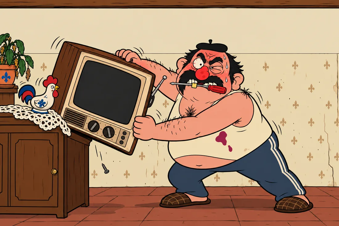 Gérard, a screwdriver in his mouth, tips the old TV onto its side; the doily and the ceramic rooster slide off.