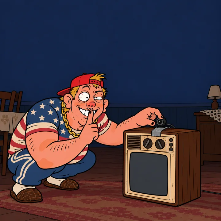 At night, in the empty dining room, Kévin tiptoes and tapes a tiny webcam on top of the TV lying on its side, a finger on his lips.