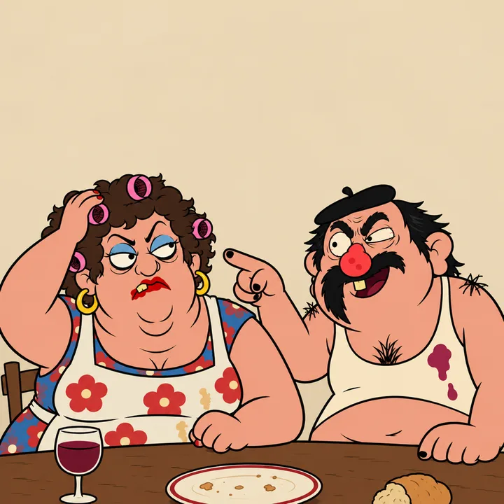 The next evening at the table, Monique, a hand in her hair rollers, narrows her eyes; Gérard sneers and points at her hair.