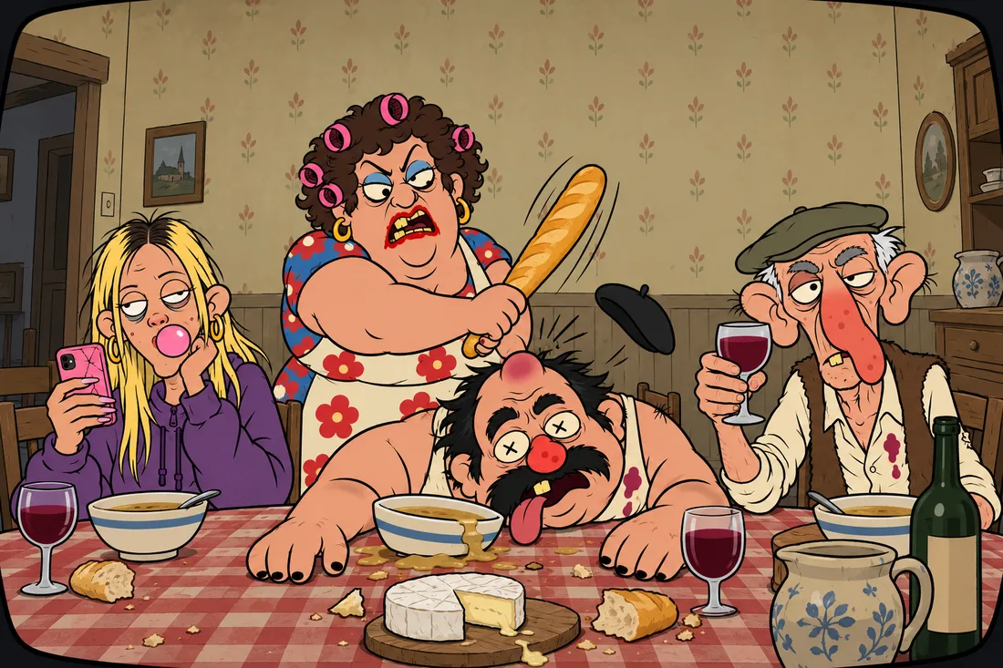 Seen from the webcam on the TV: Monique bonks Gérard with a baguette while Papy René raises his glass at the camera