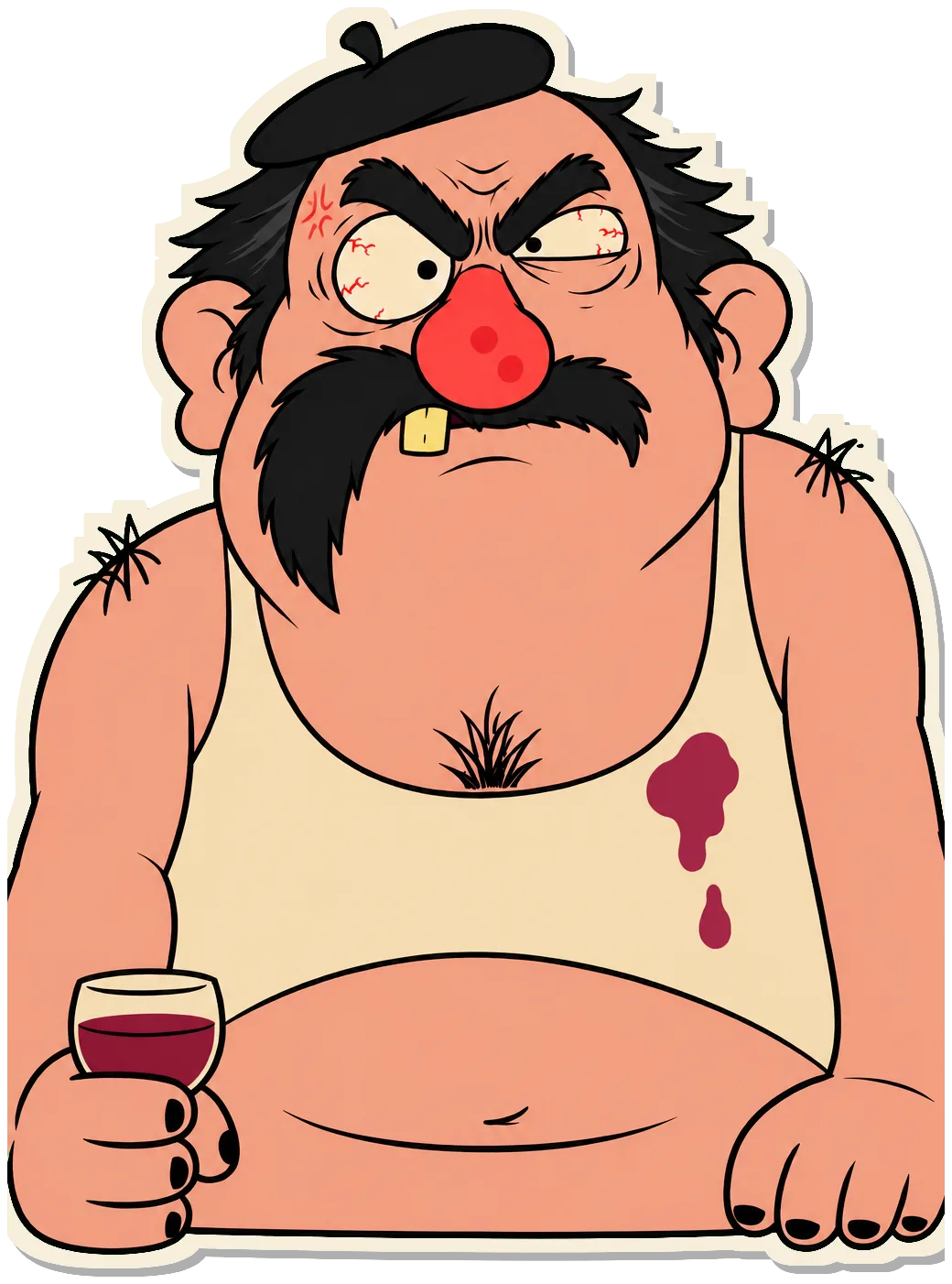 Gérard, tiny beret, huge red nose and one yellow tooth, furious