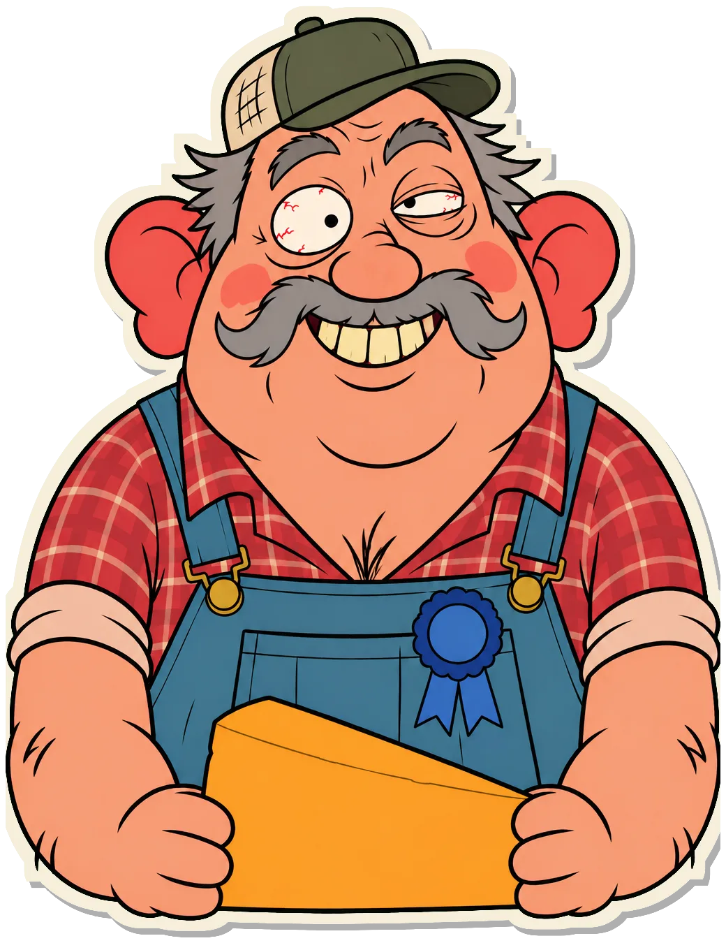 Bob Kluck in overalls and a farm cap, huge sunburnt ears, a blue ribbon pinned on, holding out a wedge of orange cheddar