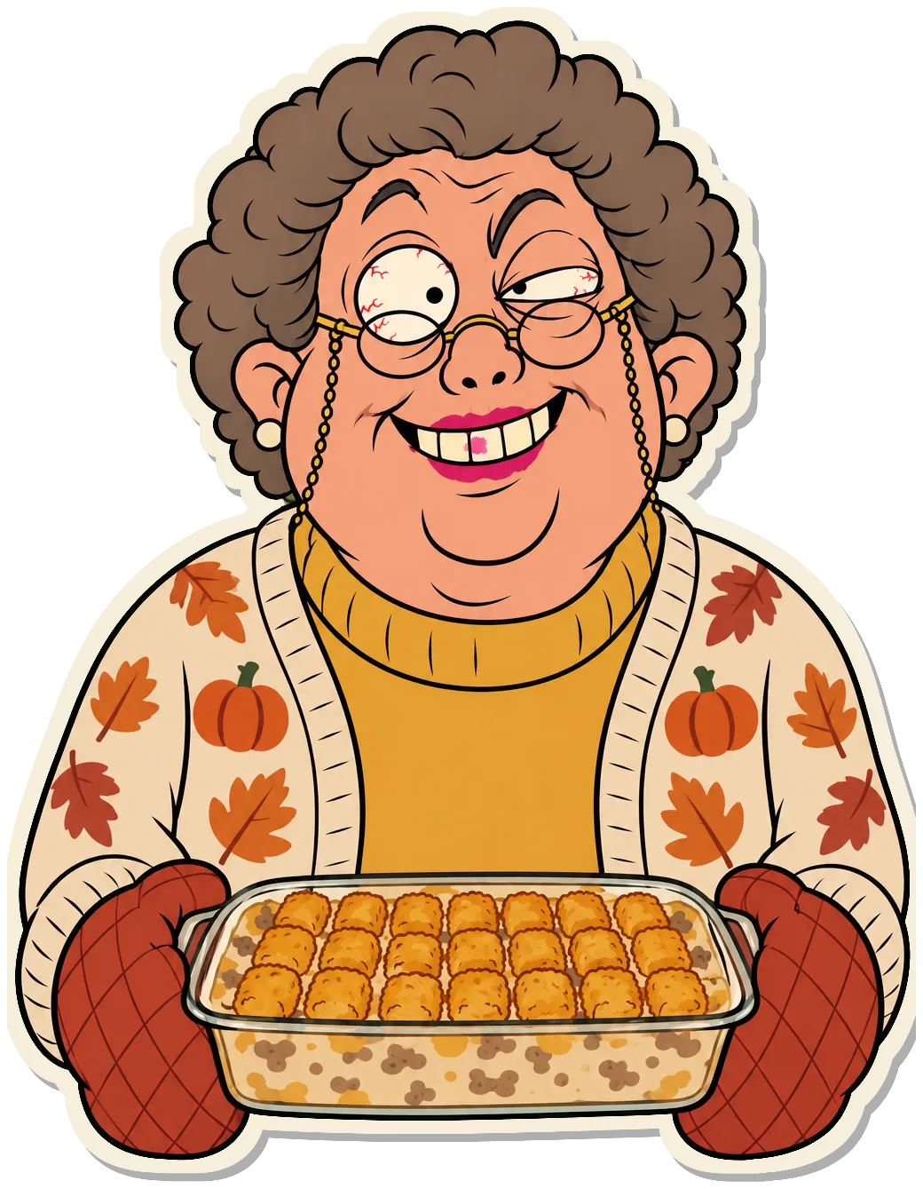 Brenda Kluck, tight grey perm and autumn-leaf cardigan, smiling with lipstick on her teeth, holding a dish of tater tot hotdish in oven mitts