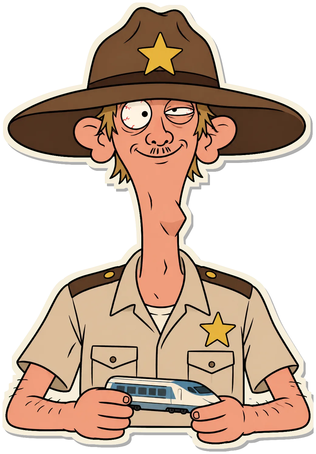 Duane, skinny deputy with a huge sheriff’s hat and a pointy Adam’s apple, holding a toy high-speed train