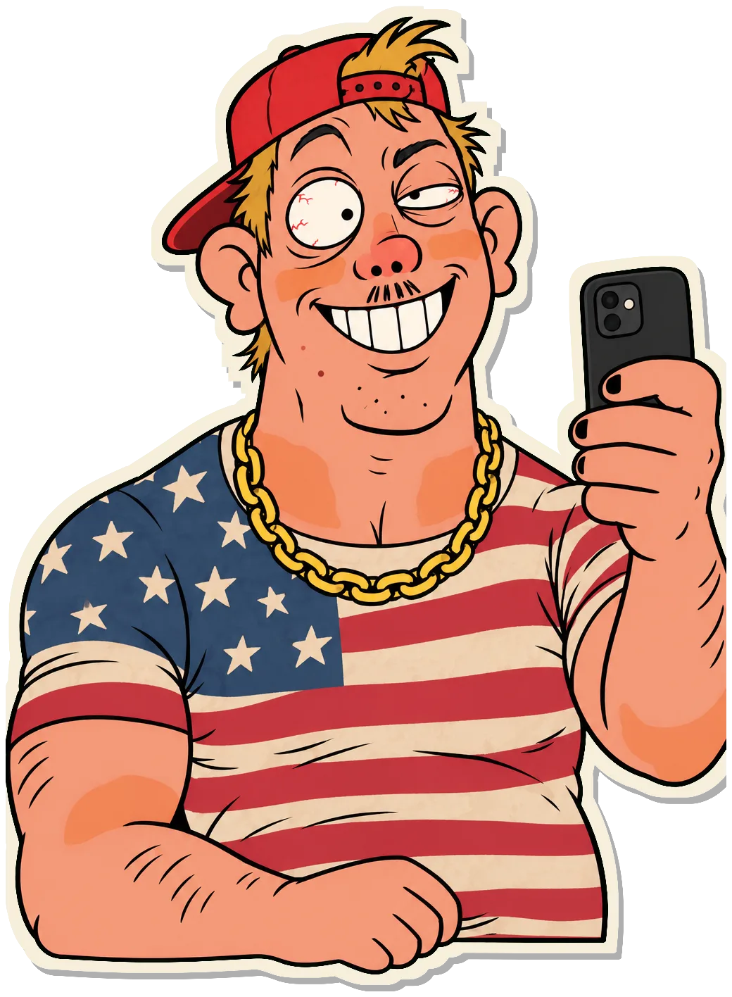 Kévin, tiny head on huge shoulders, red cap on backwards and American flag T-shirt, filming himself with his phone