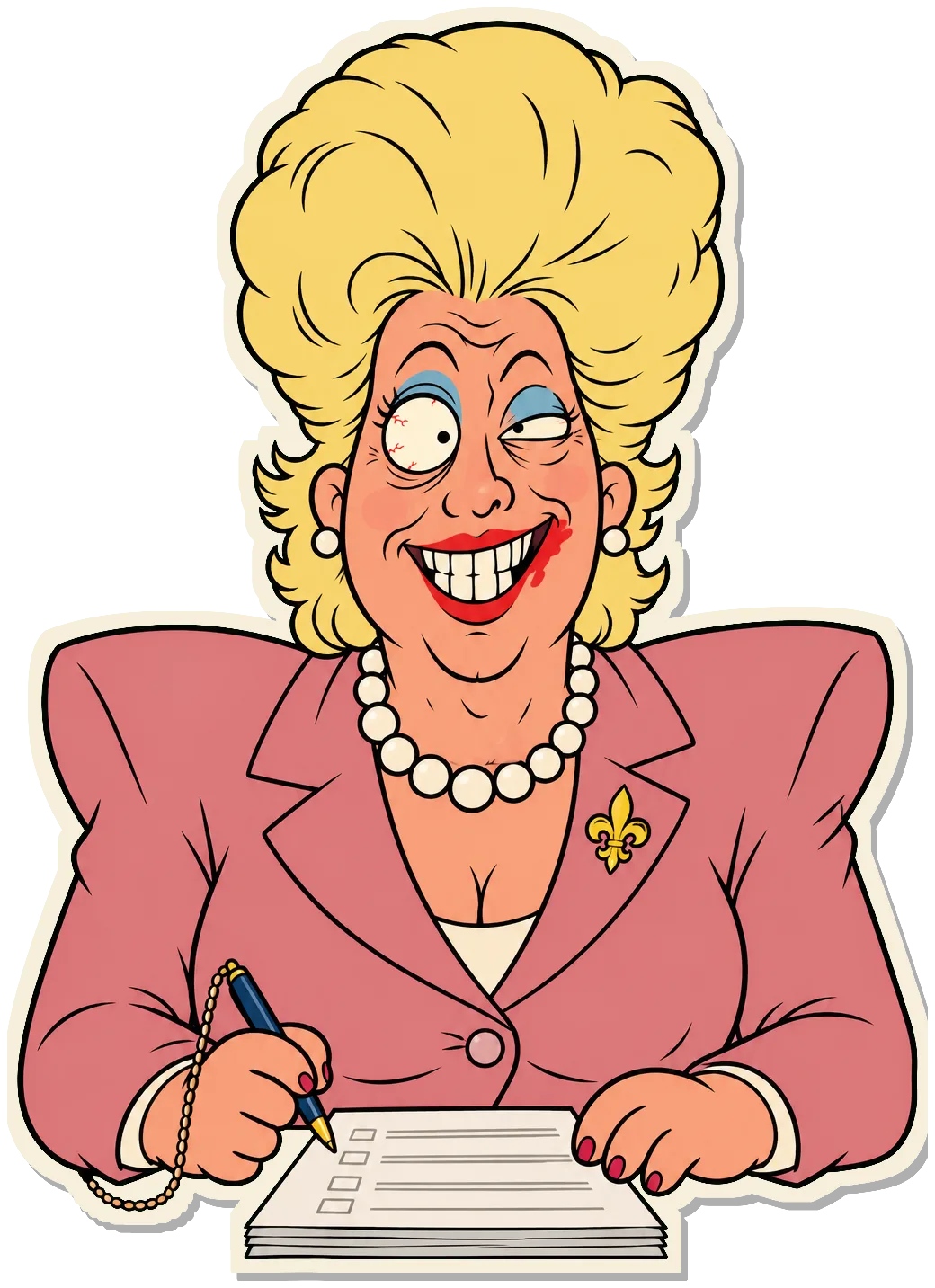 Linda, towering blonde hairdo and pink suit with huge shoulder pads, lipstick over the line, signing a pile of forms