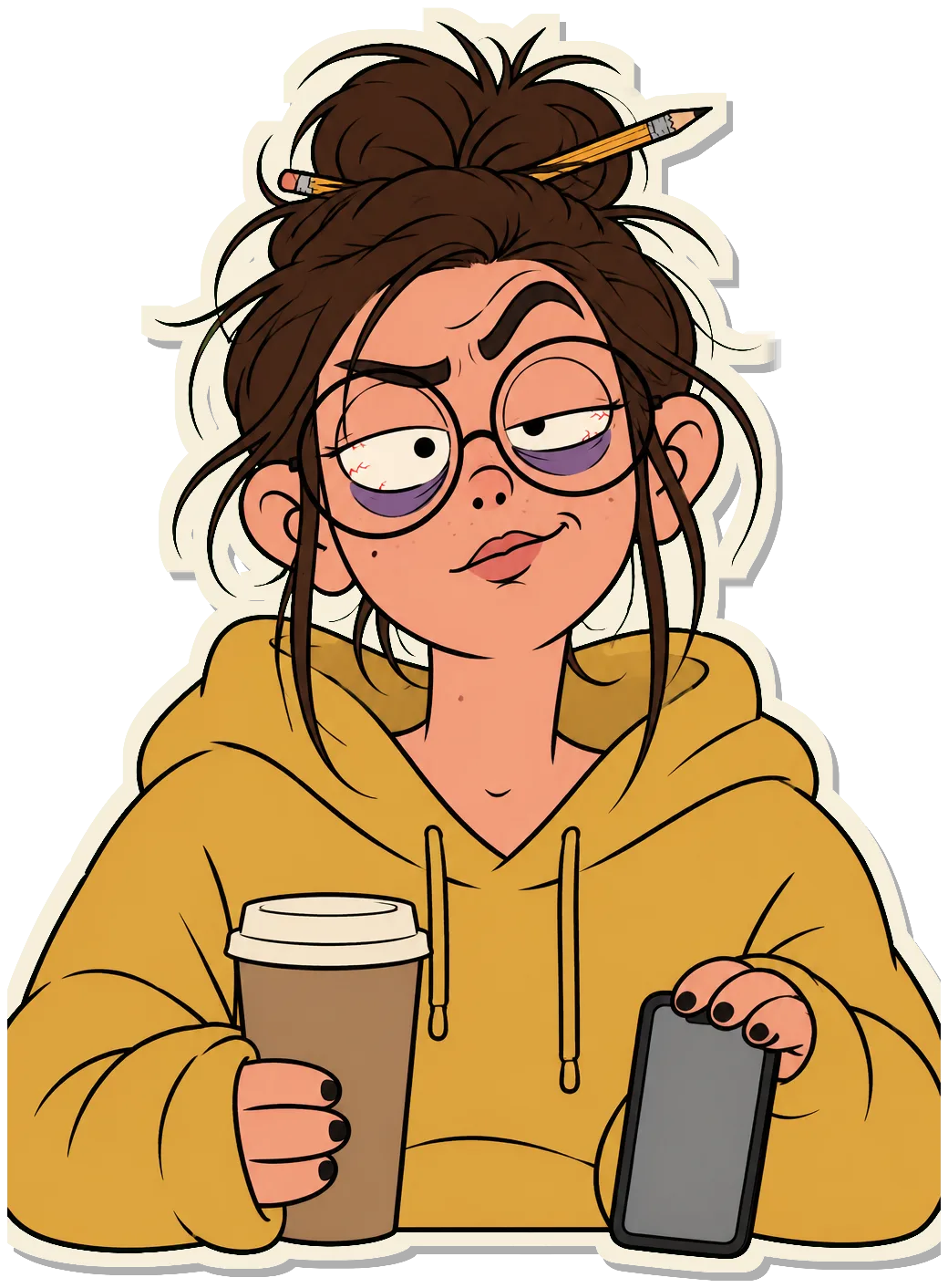 Maddie, swallowed by a mustard hoodie, messy bun with a pencil, round glasses and one eyebrow up, a giant coffee and her phone