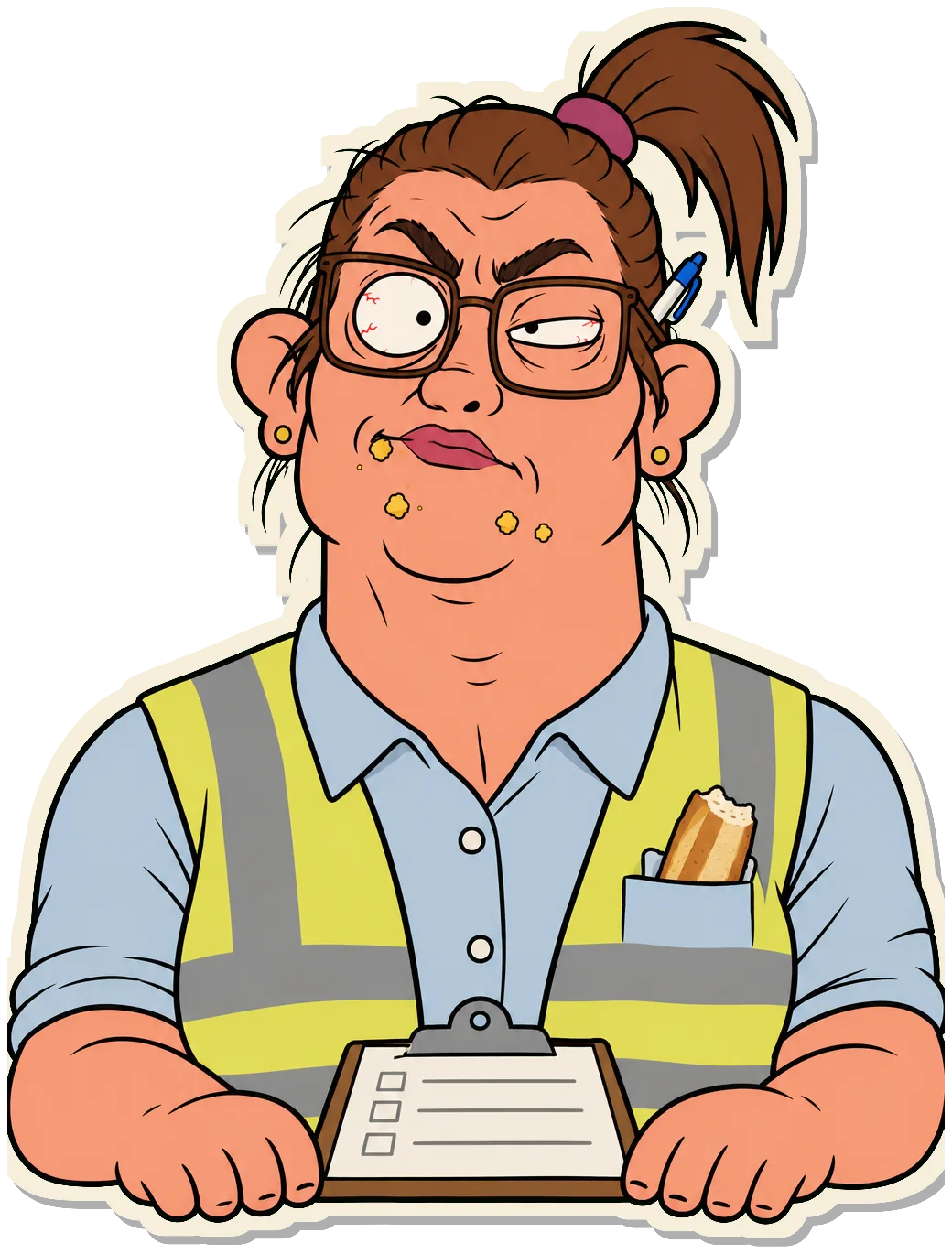 Patty Olson in a hi-vis vest and big glasses, baguette crumbs on her chin, a baguette sticking out of her pocket, her clipboard on the table